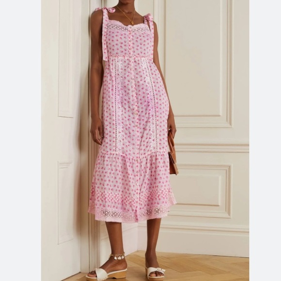 LoveShackFancy Carlyle Pink Floral Lace Details Full Button Front Midi Dress - Picture 1 of 17